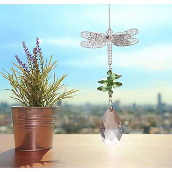 Crystal‎ Suncatcher Dragonfly Sun Catchers Green Prism Hanging Pendant New 11" - Picture 1 of 4